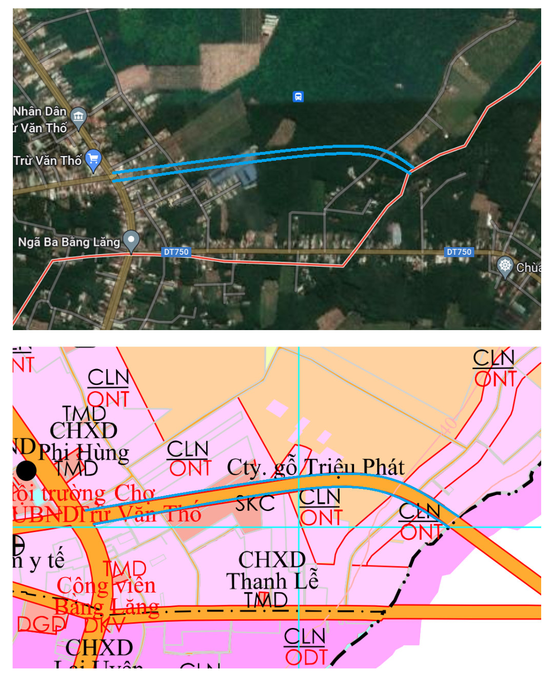 Sơ đồ tuyến nối quốc lộ 13 theo bản đồ quy hoạch sử dụng đất đến năm 2030 huyện Bàu Bàng. 